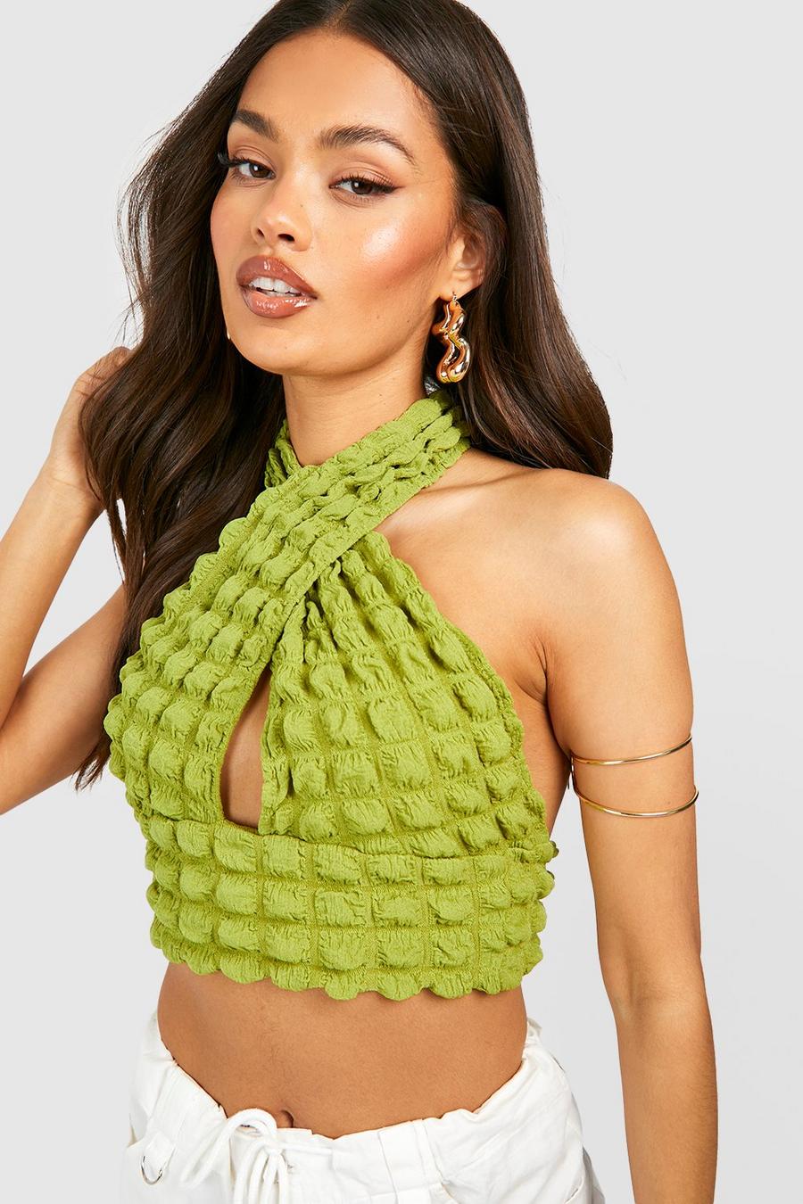 Green Popcorn Textured Cross Front Halter Cropped Top image number 1