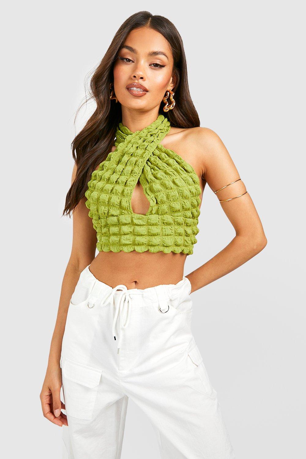 Popcorn Textured Cross Front Haltereck Cropped Top | boohoo