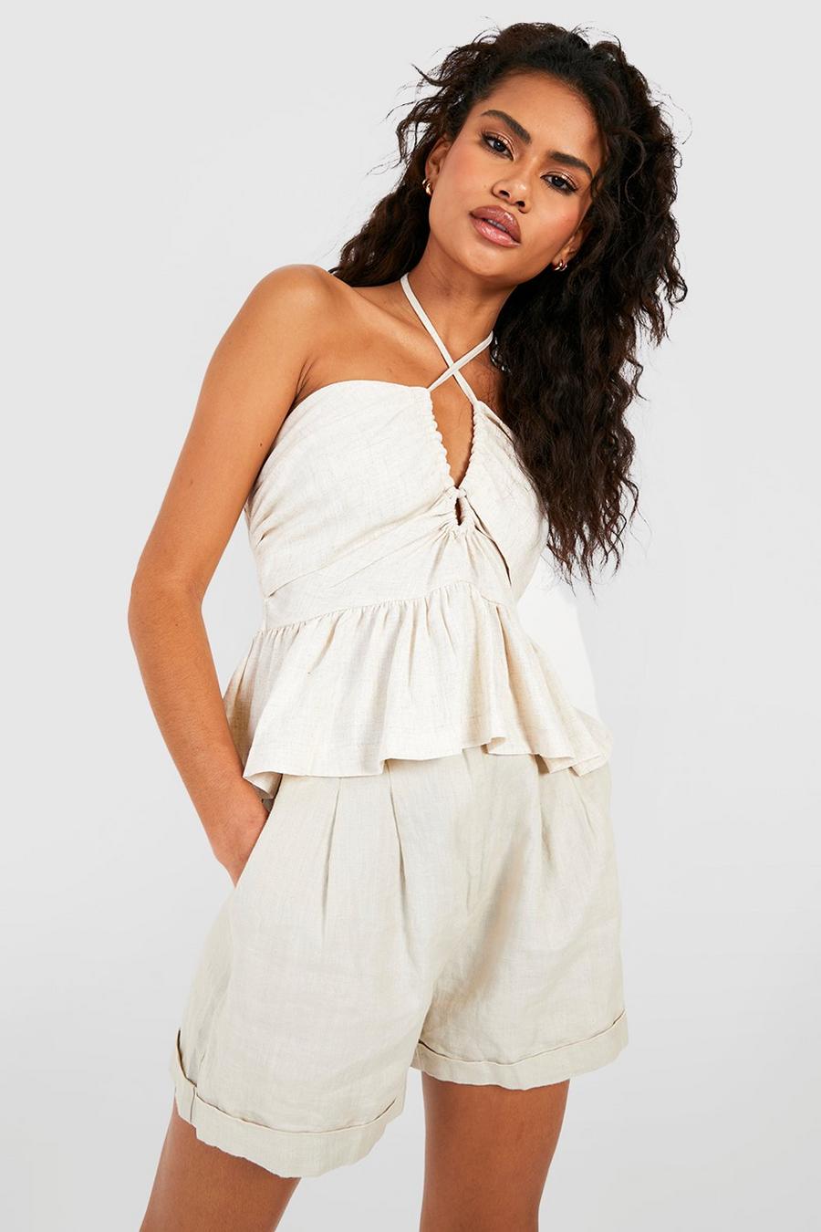 Off white Strappy Halter Linen Peplum Top image number 1