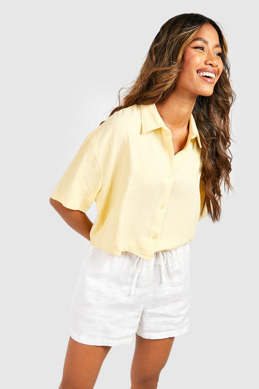 Kurzärmliges kastiges kurzes Oversize Hemd aus Leinenmischung, Lemon image number 1
