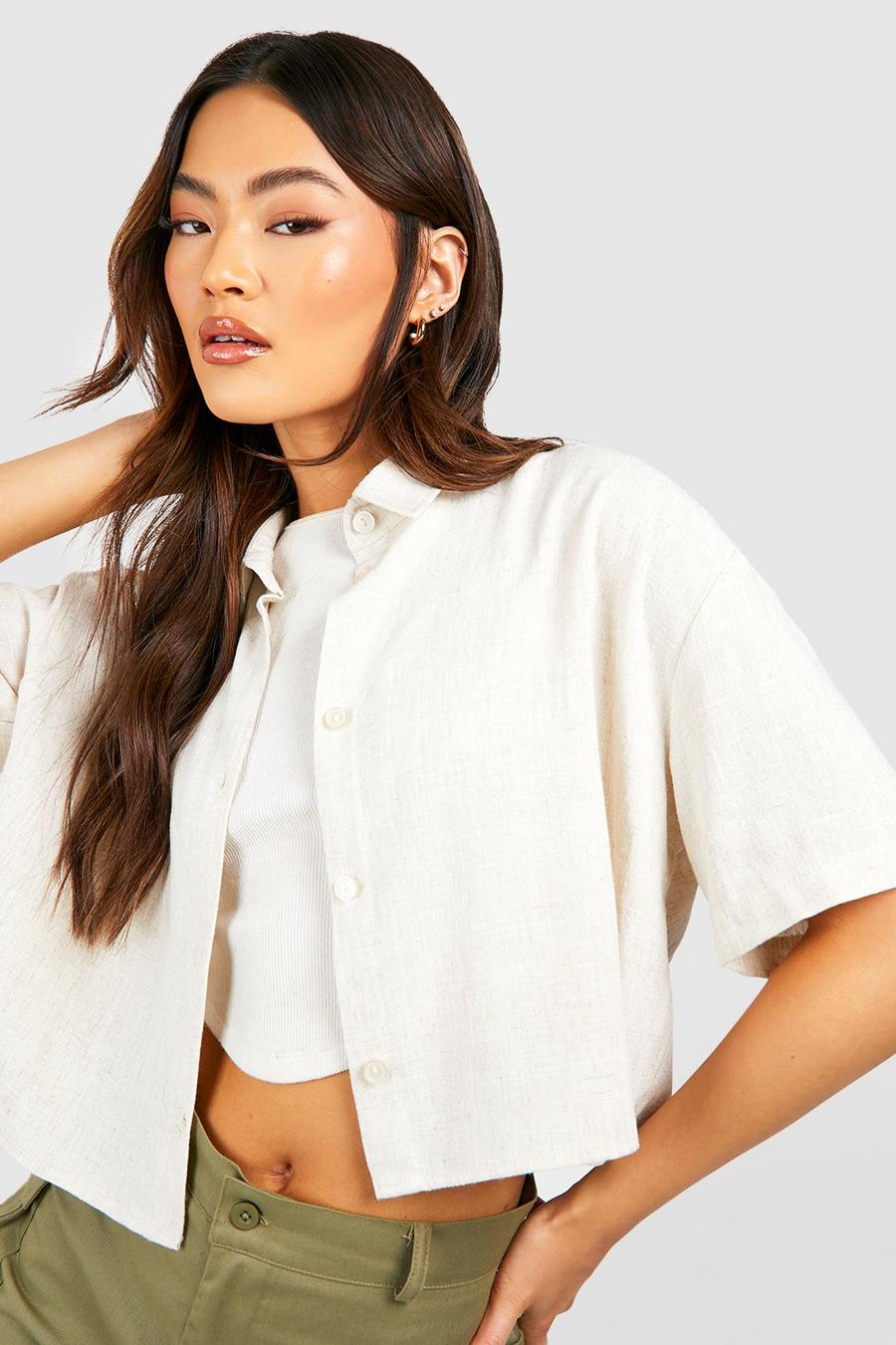 Off white Linen Mix Oversized Boxy Cropped Short Sleeve Shirt image number 1