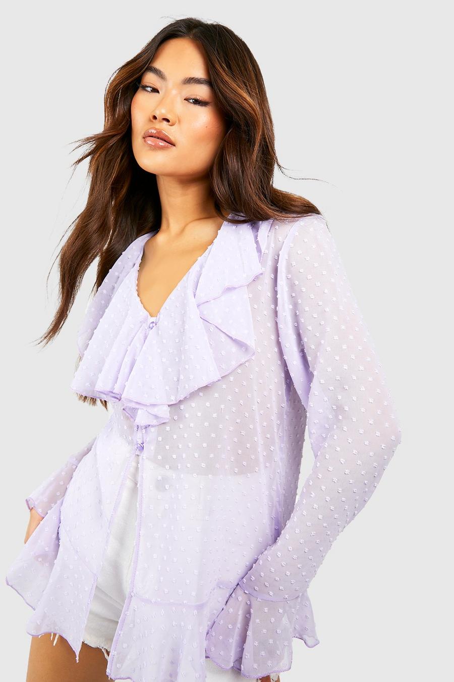 Lilac Dobby Chiffon Ruffle Open Front Blouse image number 1