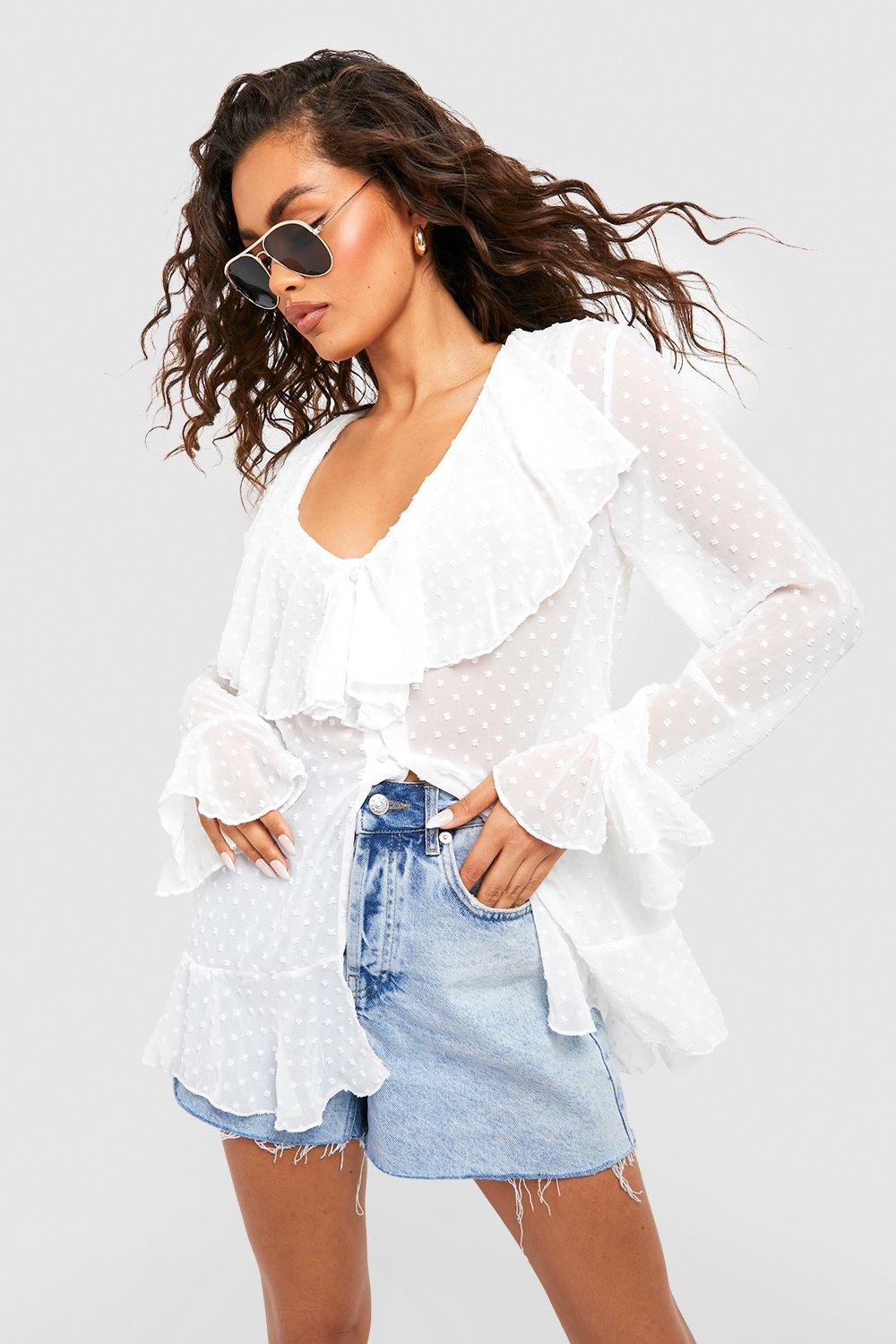 White ruffle store blouse boohoo