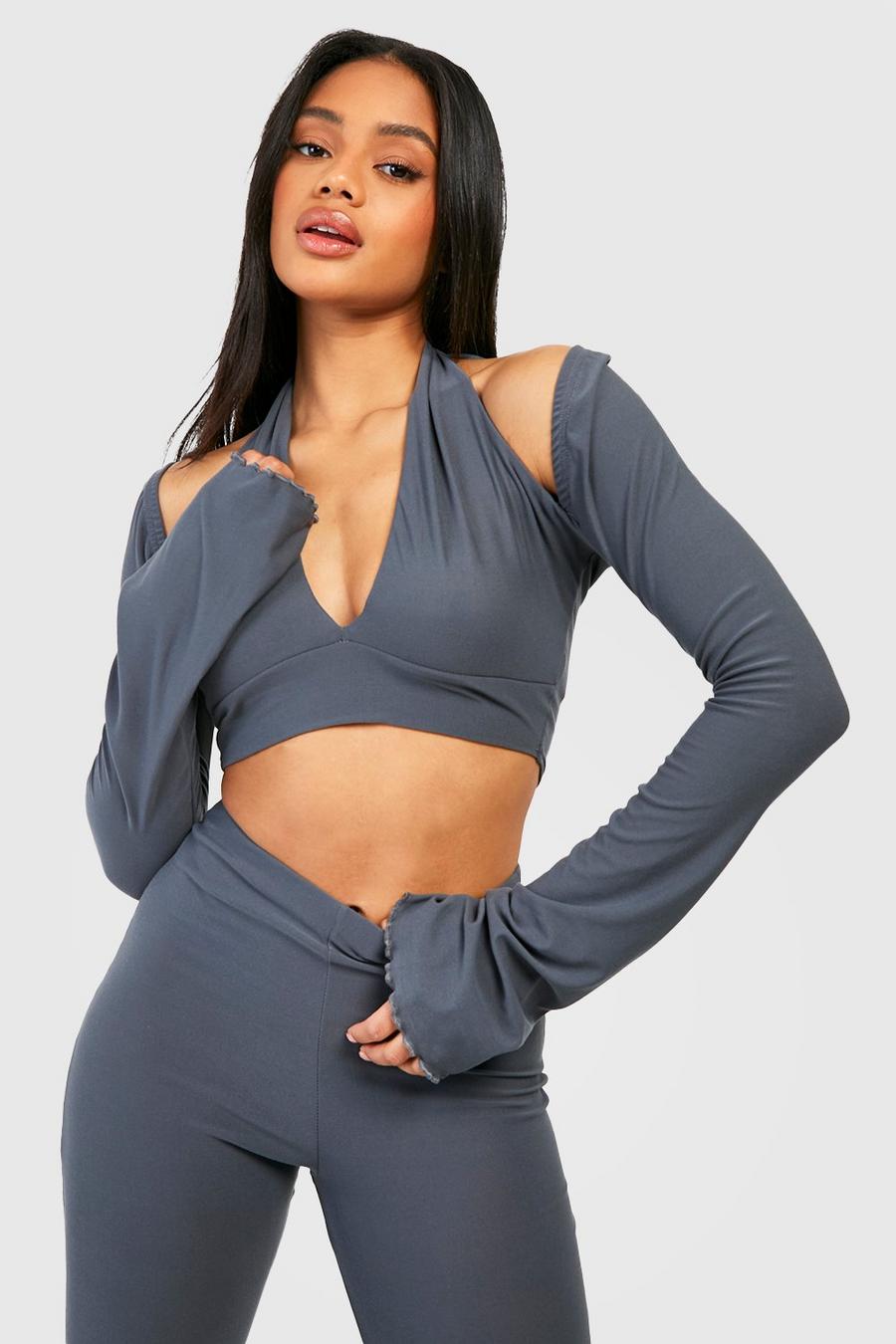 Charcoal grey Soft Touch Halterneck Crop Top