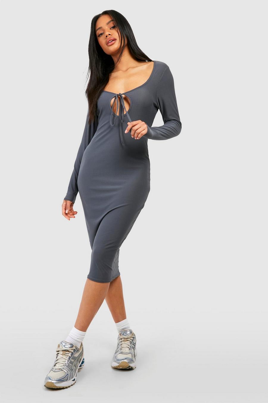Charcoal grå Soft Touch Cut Out Midi Dress image number 1