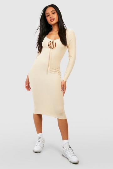 Stone Beige Soft Touch Cut Out Midi Dress