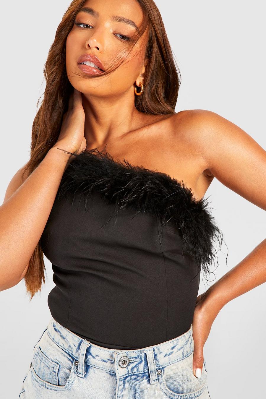 Black Tall Feather One Shoulder Bodysuit