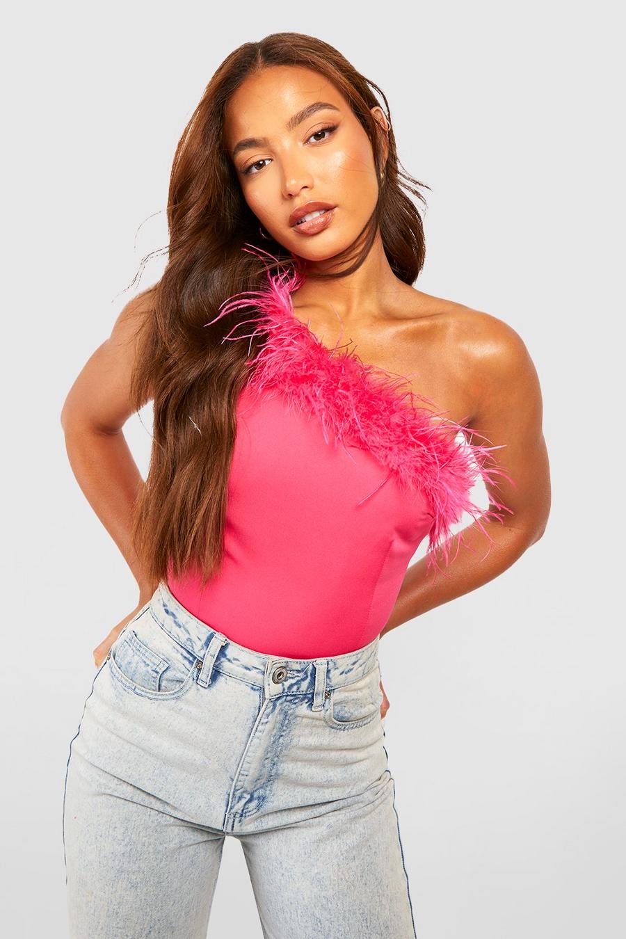Hot pink Tall Feather One Shoulder Bodysuit