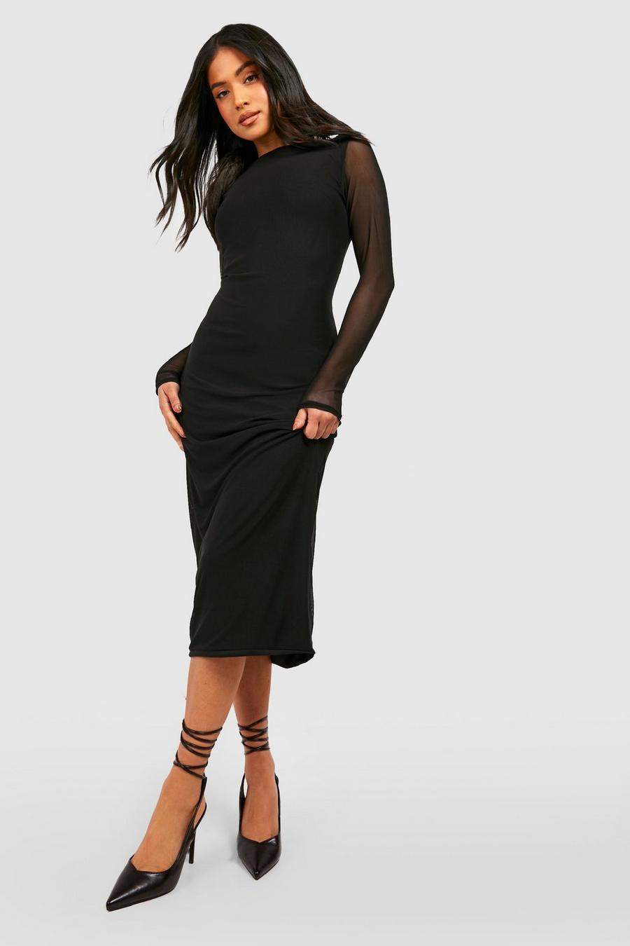 Black Petite Mesh Long Sleeve Midaxi Dress image number 1