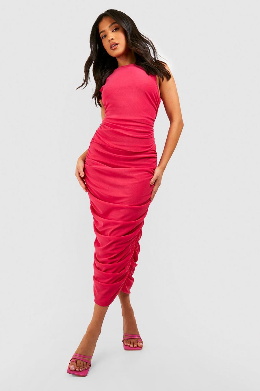 Hot pink Petite Ruched Mesh Midaxi Dress image number 1