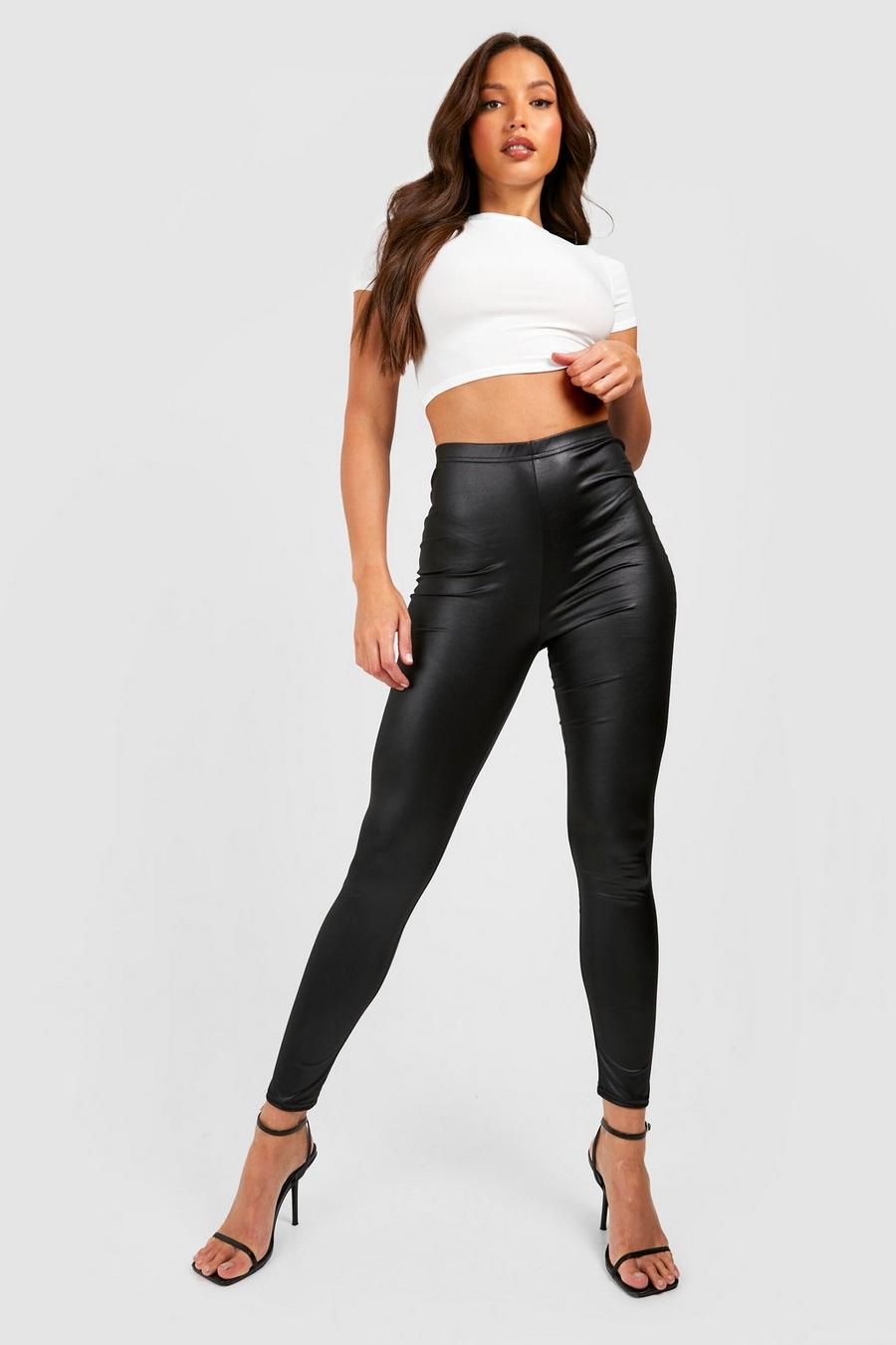 Black Tall Leather Look High Waisted Leggings image number 1