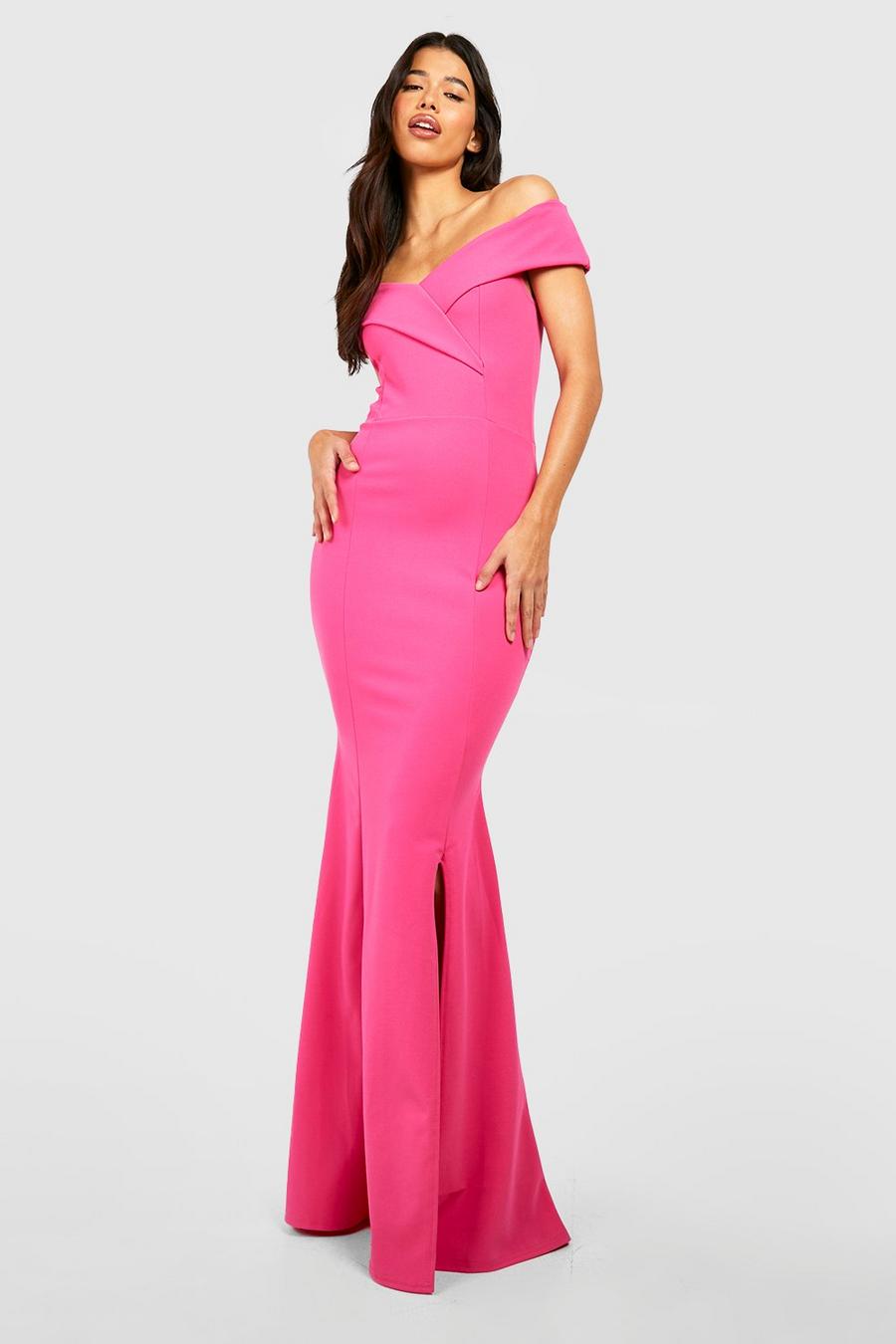 Hot pink rosa Tall Off The Shoulder Side Split Maxi Dress