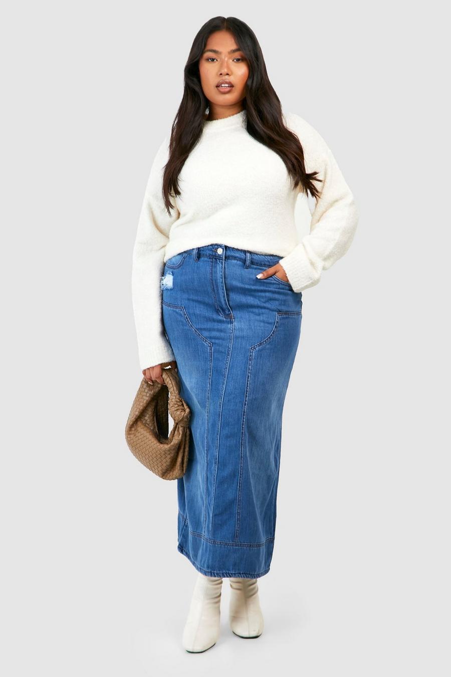 Grande taille - Jupe mi-longue en jean à coutures contrastantes, Vintage blue