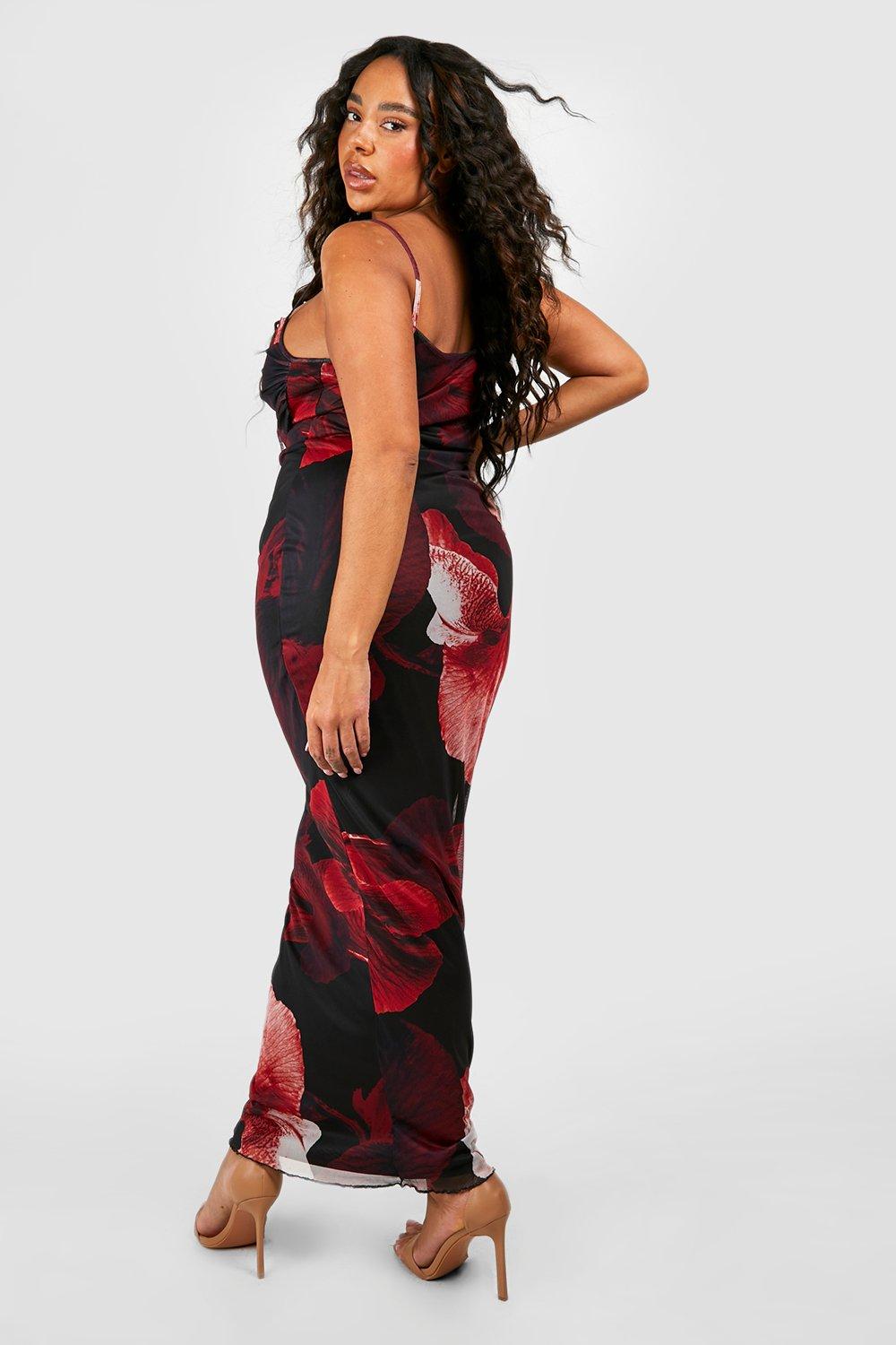 Printed Ruched Mesh Strapless Maxi Dress