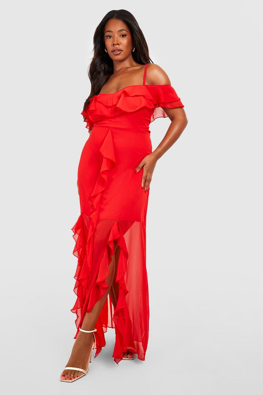 Red Plus Ruffle Cold Shoulder Maxi Dress image number 1