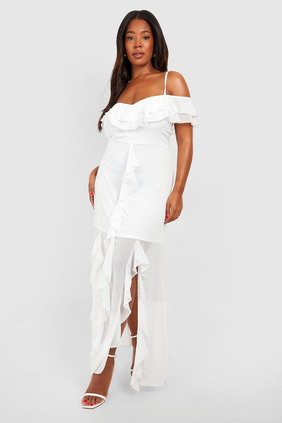 White Plus Ruffle Cold Shoulder Maxi Dress image number 1