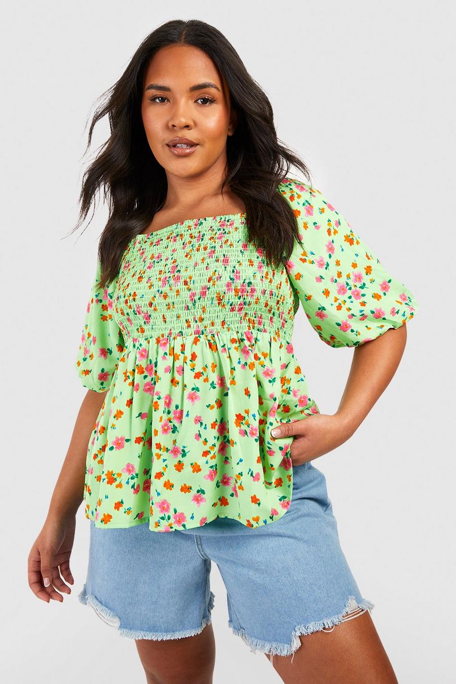 Green Plus Floral Puff Sleeve Shirred Smock Top image number 1