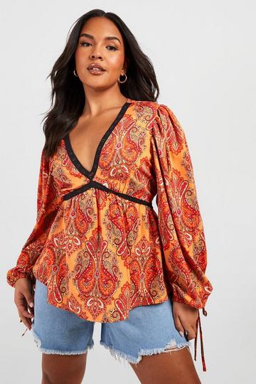 Plus Paisley V Neck Smock Top orange