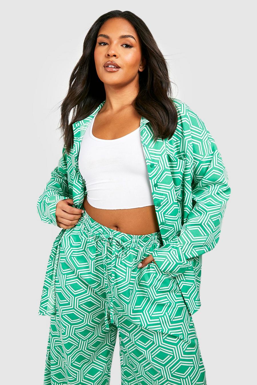 Camicia Plus Size oversize con stampa di motivi geometrici, Green image number 1