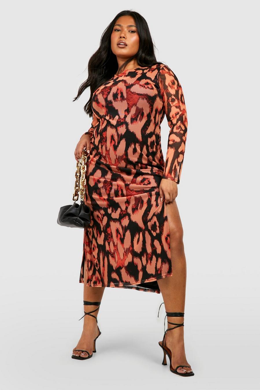 Brown Plus Leopard Mesh Midaxi Dress  image number 1