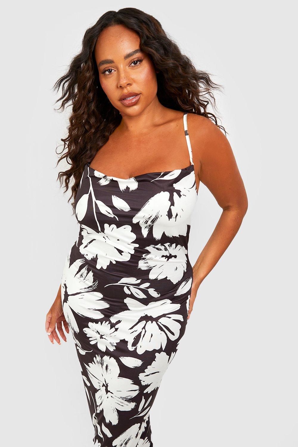 Plus Large Floral Mono Slinky Maxi Dress