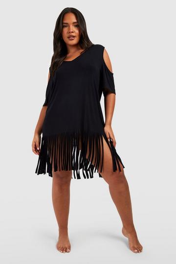 Black Plus Cold Shoulder Cut Out Tassel Beach Dress