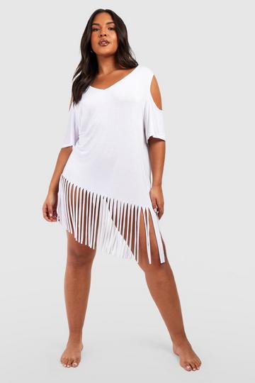 White Plus Cold Shoulder Cut Out Tassel Beach Dress