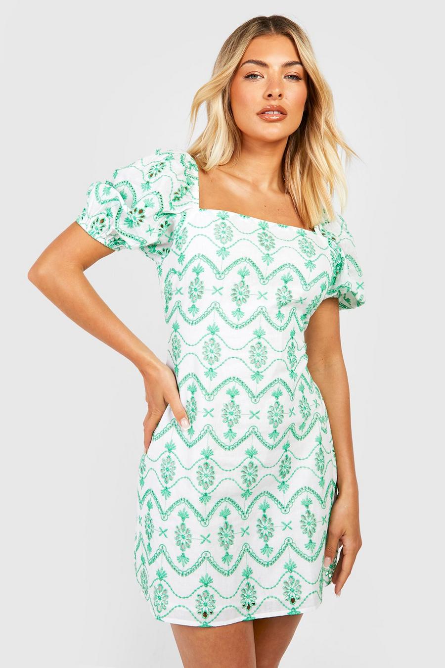 White Puff Sleeve Printed Broderie Shift Dress image number 1