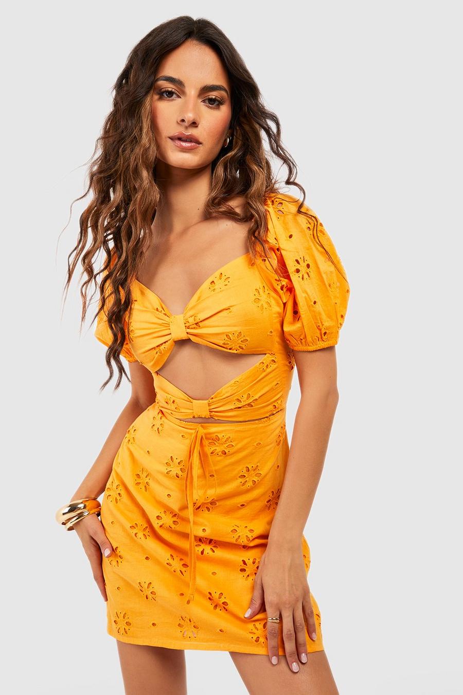 Orange Puff Sleeve Broderie Cut Out Shift Dress