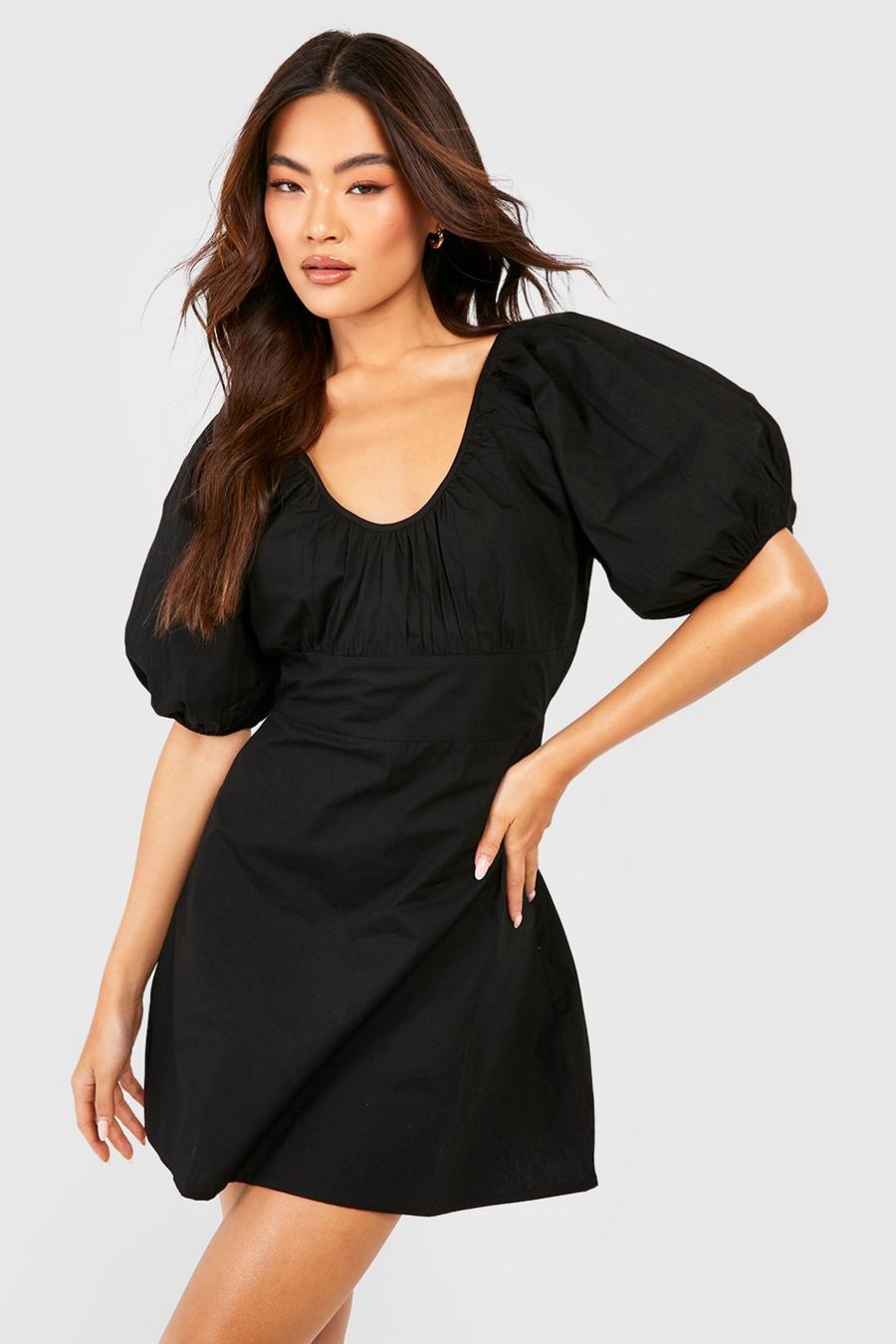 Vestido mini de algodón popelina con escote en U y mangas abullonadas, Black image number 1