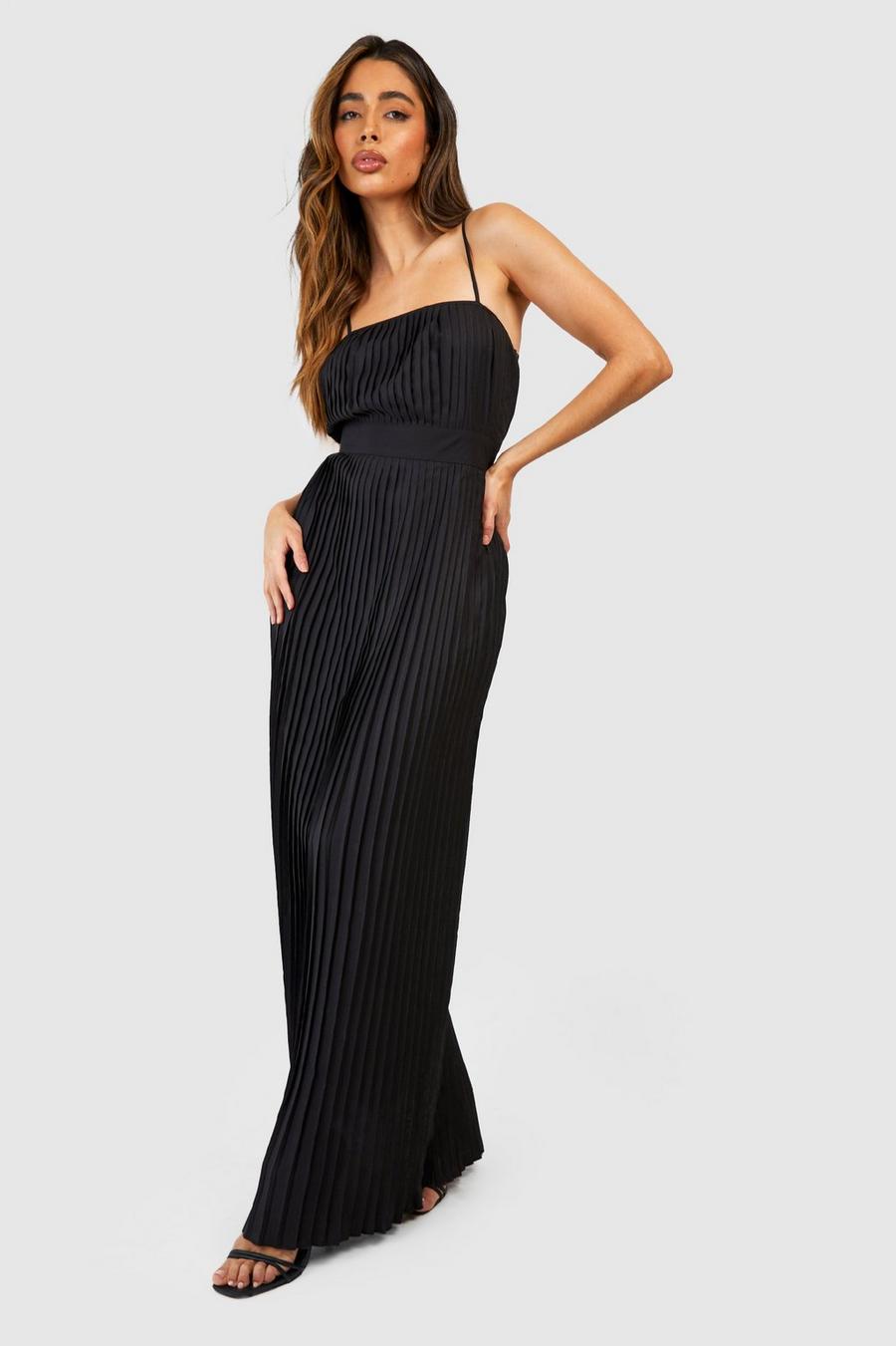 Black Pleated Strappy Midi Dress image number 1