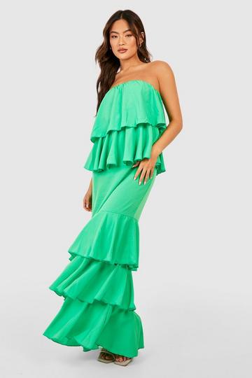 Green Bandeau Ruffle Hem Tiered Maxi Dress