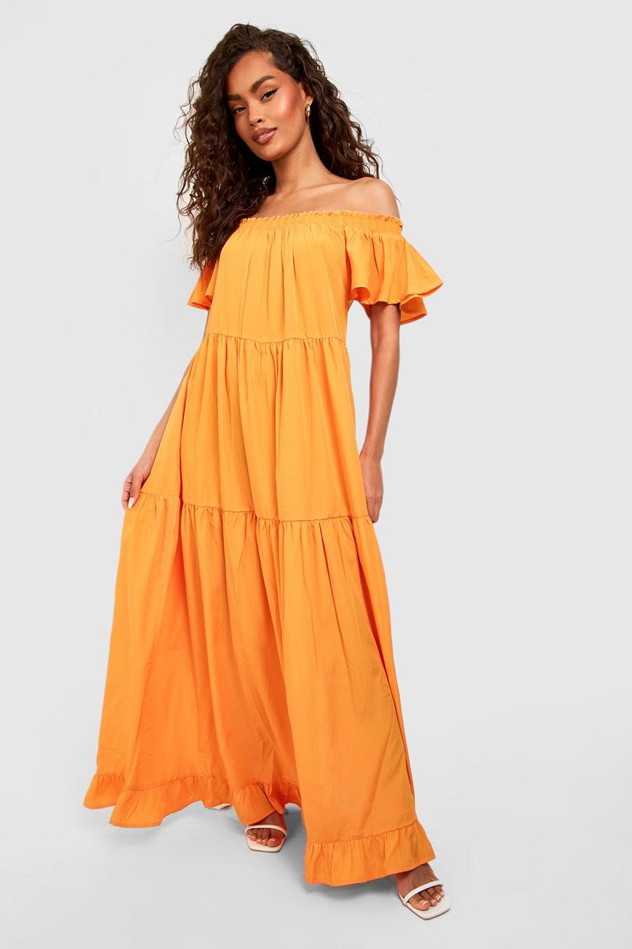 Vestito maxi con scollo Bardot e fondo arricciato, Orange naranja