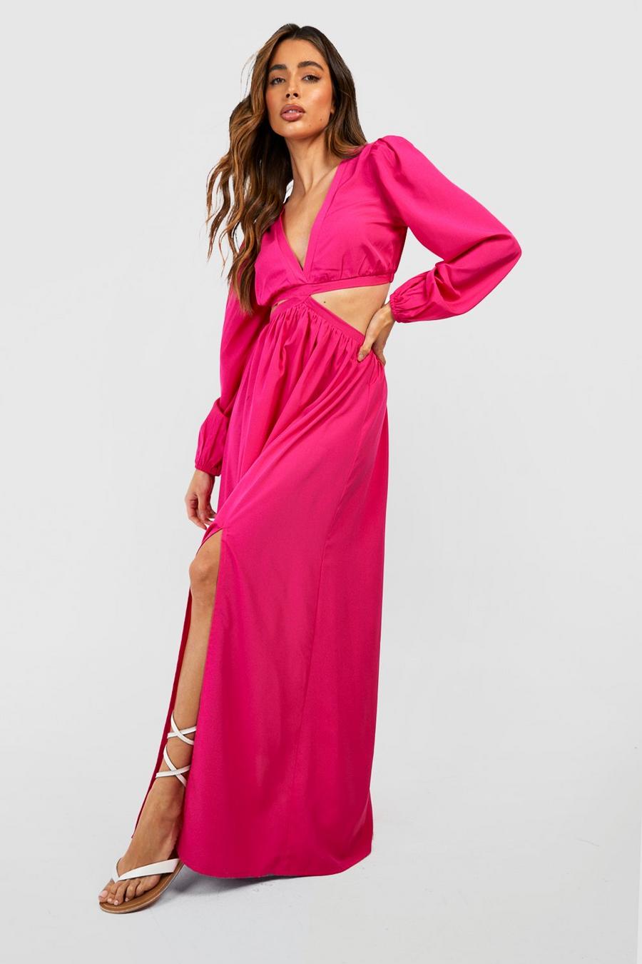 Vestito maxi con scollo profondo e cut-out in vita, Hot pink image number 1
