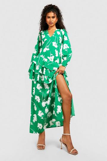 Green Ruffle Hem Puff Sleeve Printed Maxi Dress