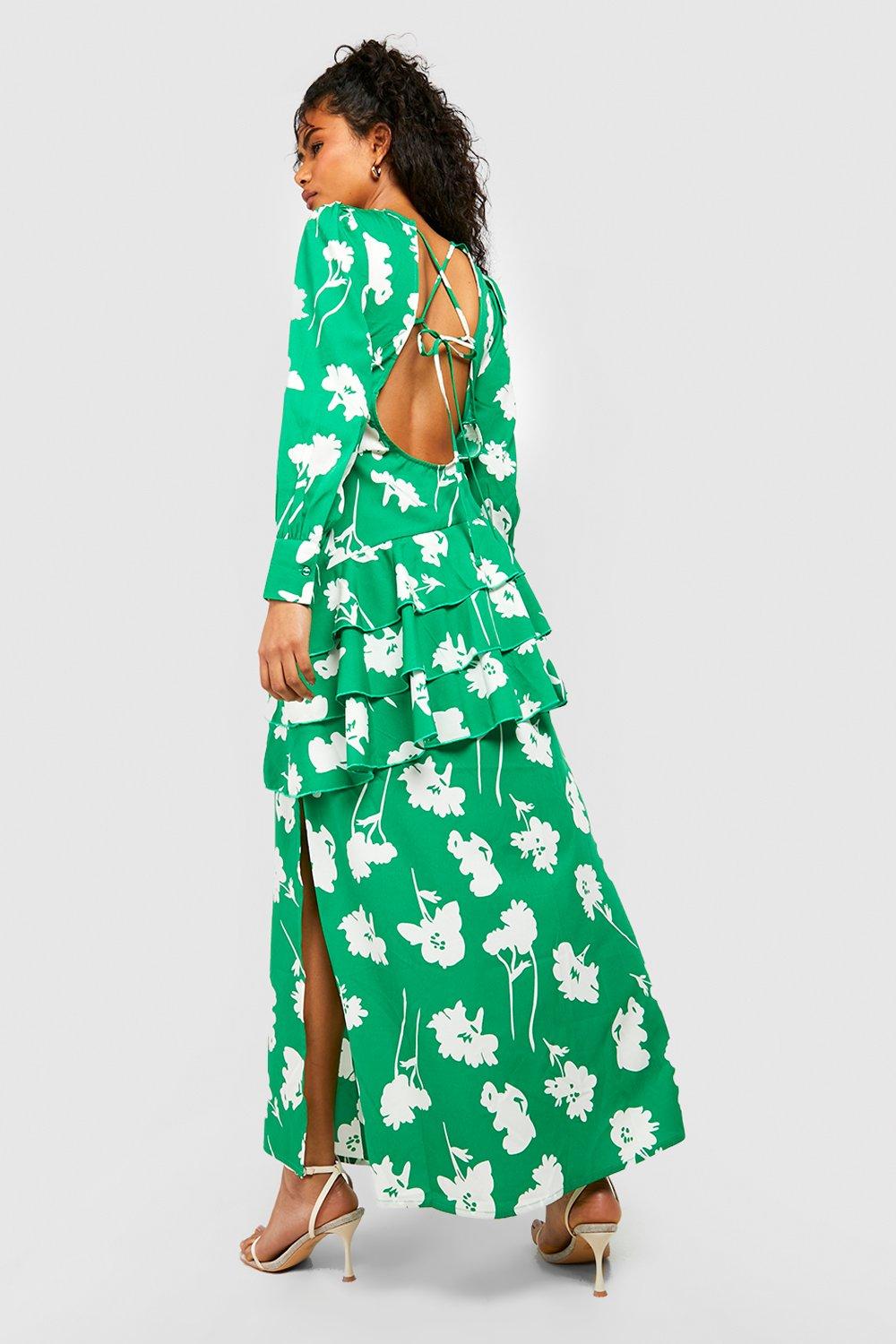 Ruffle Hem Puff Sleeve Printed Maxi Dress