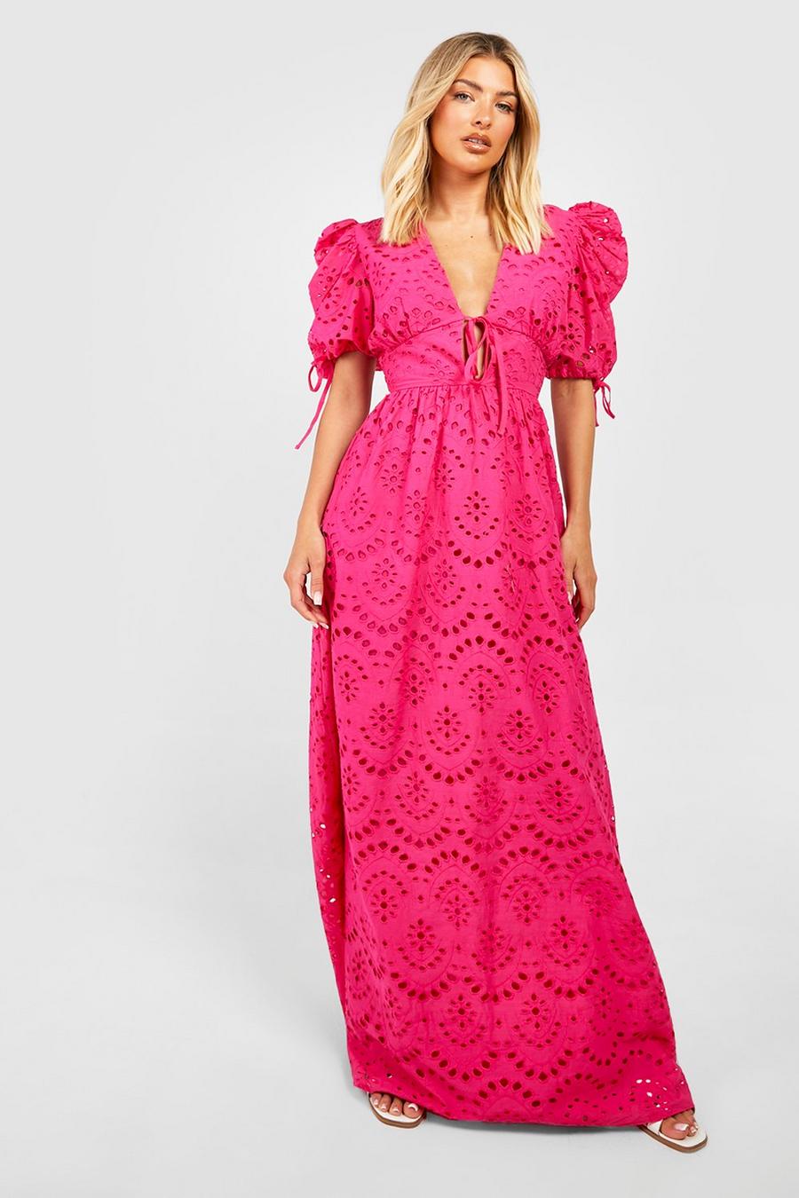 Hot pink Broderie Puff Sleeve Tie Front Maxi Dress  image number 1