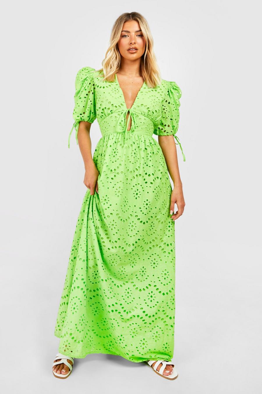 Eyelet Puff Sleeve Tie Front Maxi Dress