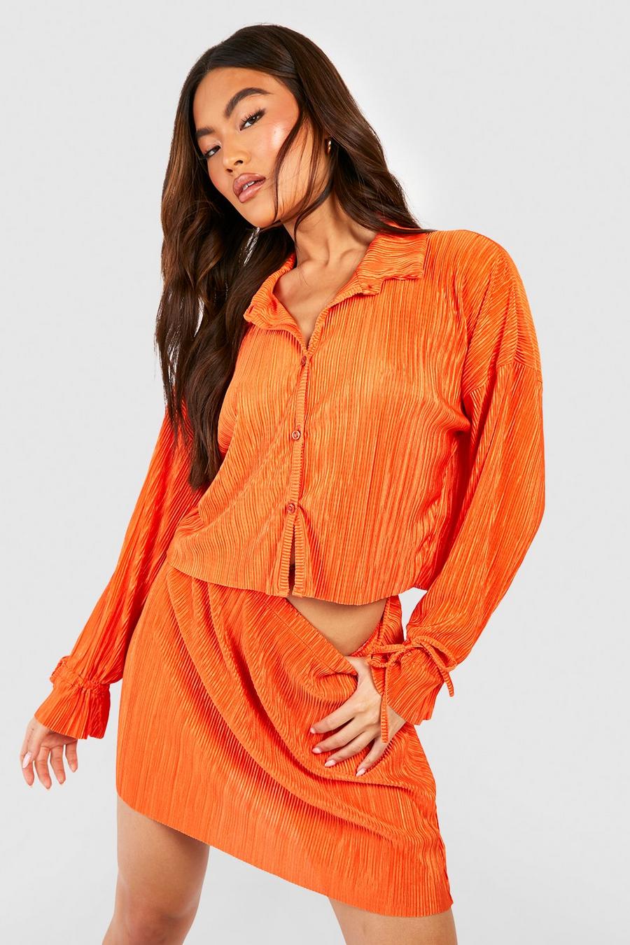 Orange Plisse Longline Cropped Shirt & Mini Skirt  image number 1