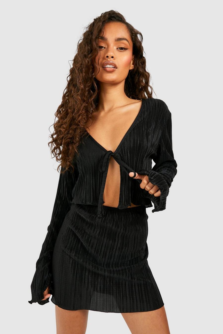 Black Plisse Tie Front Flared Sleeve Crop & Mini Skirt