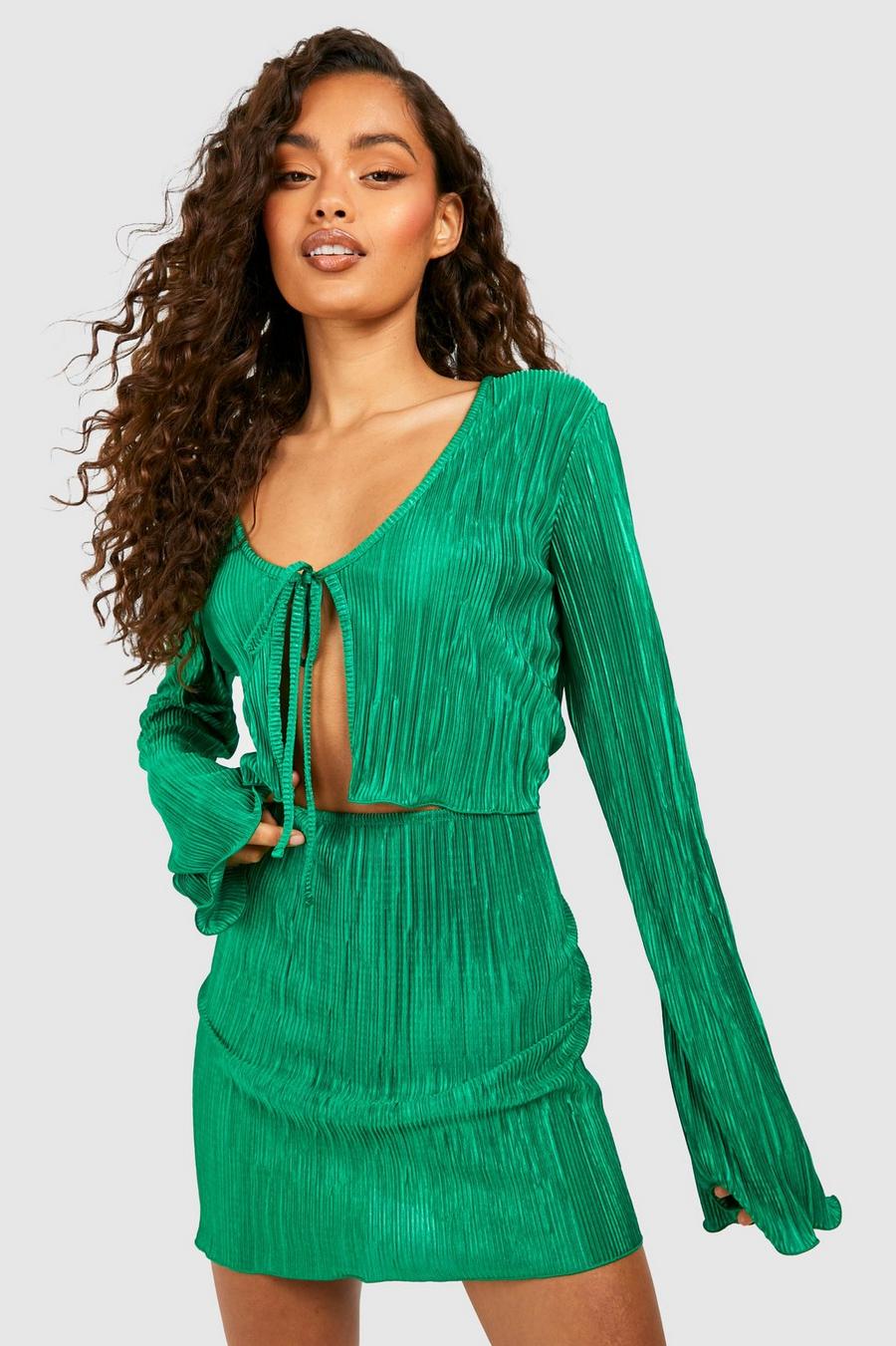 Bright green Plisse Tie Front Flared Sleeve Crop & Mini Skirt image number 1