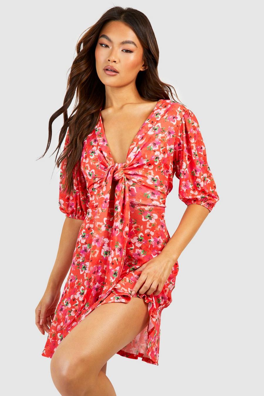 Red rosso Floral Tie Front Mini Dress