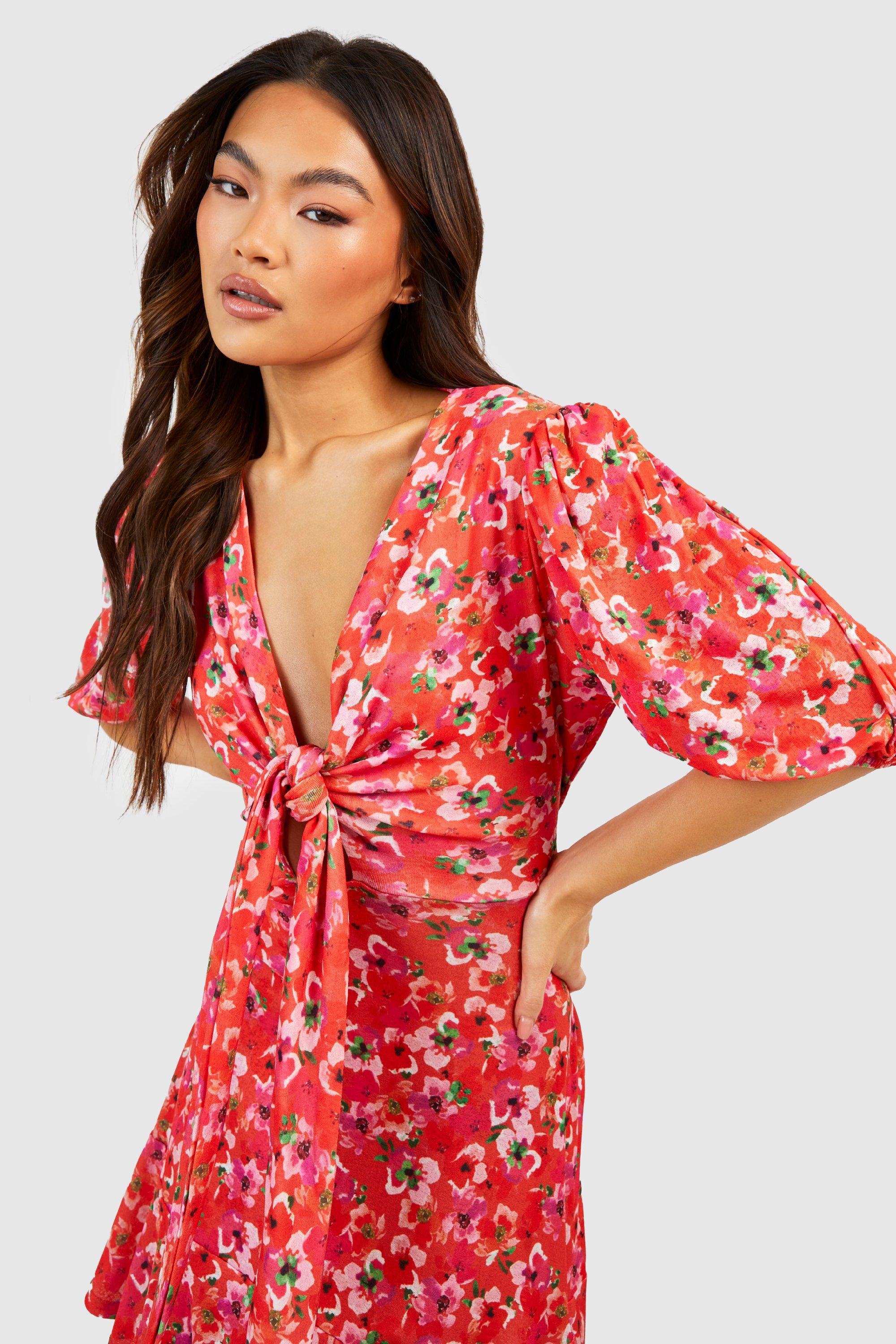 Women s Floral Tie Front Mini Dress Boohoo UK