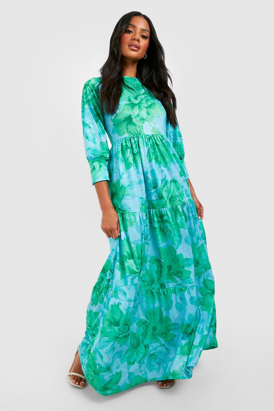 Turquoise Blommig långklänning med struktur image number 1