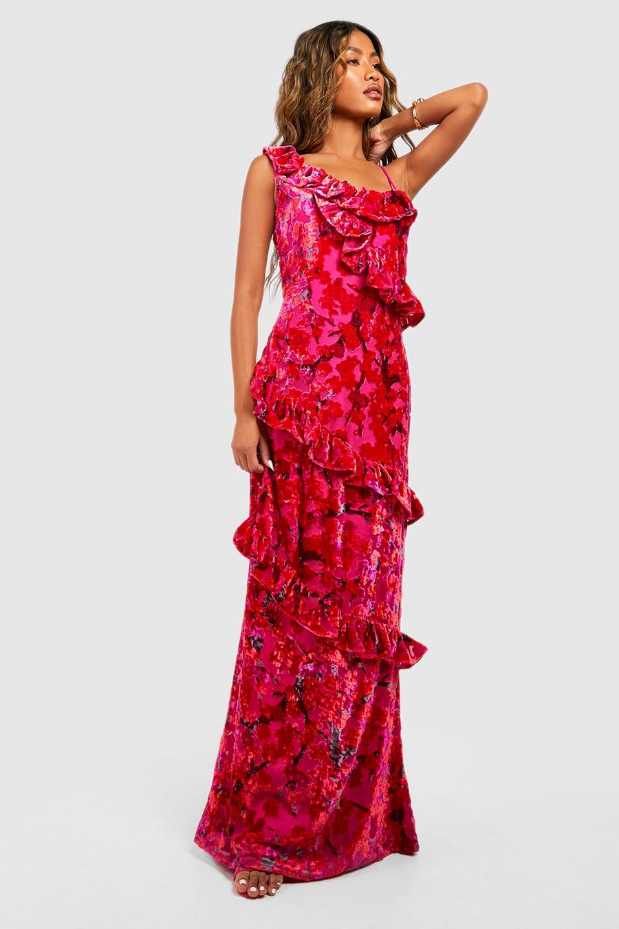 Vestito maxi in devoré con arricciature, Pink image number 1