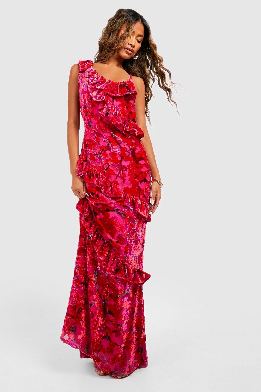Robe longue en velours devore a volants boohoo FR