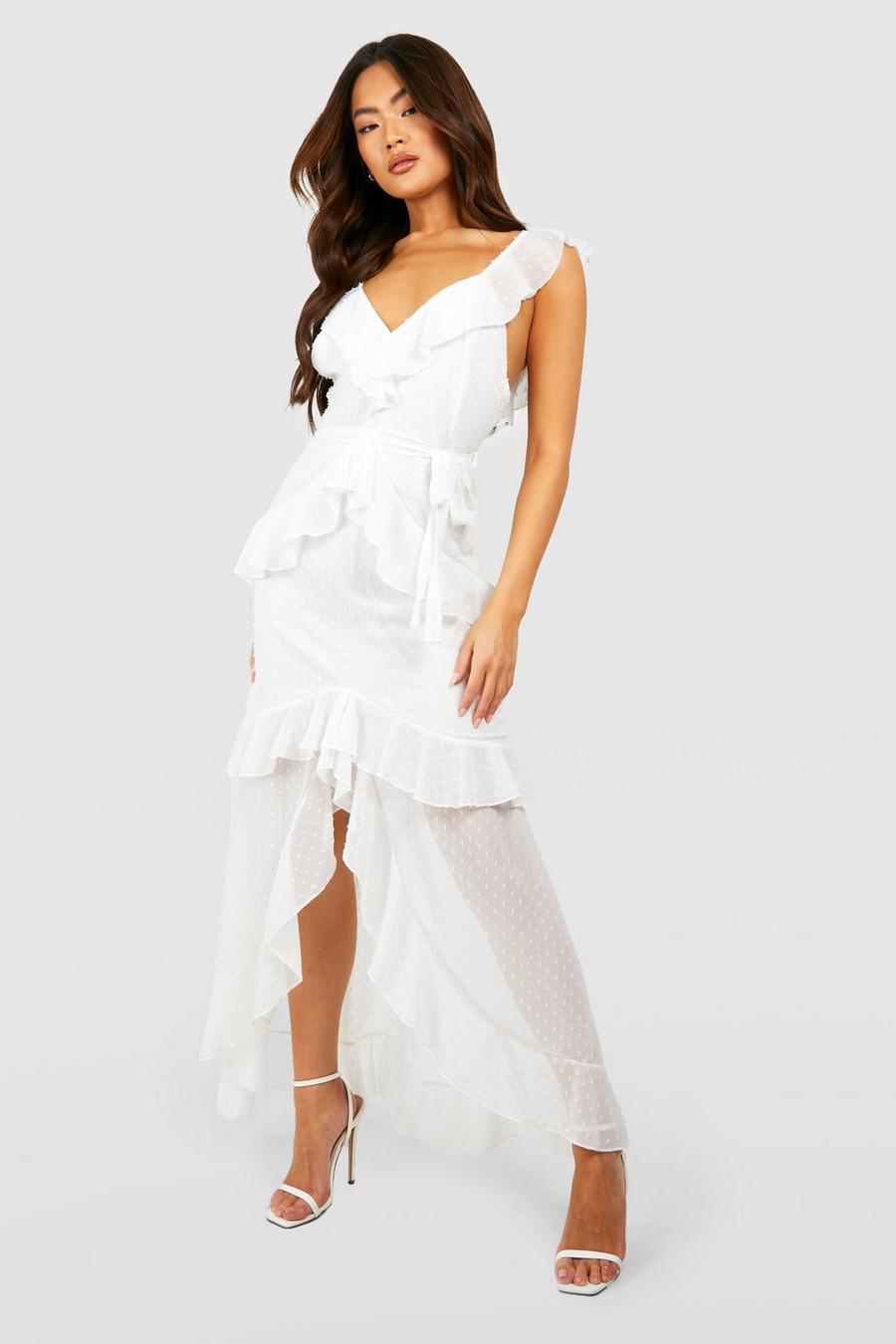 Vestito maxi in rete plumetis con scollo profondo e arricciature, White image number 1