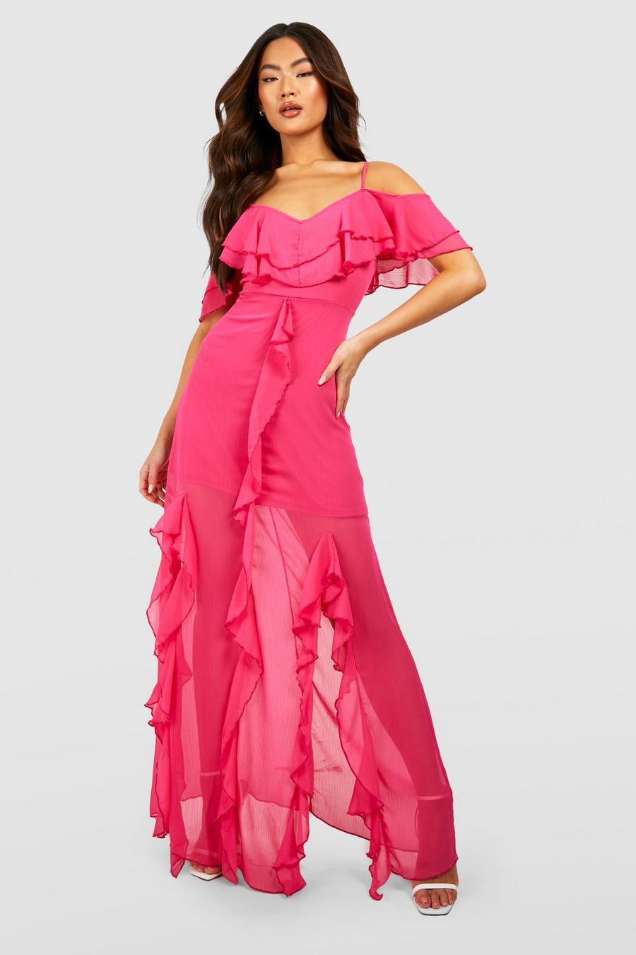 Hot pink Off shoulder-klänning med volanger
