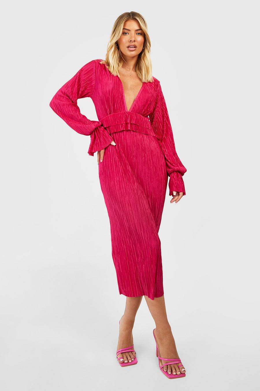 Bright pink Plisse Long Sleeve Ruffle Detail Midi Dress image number 1