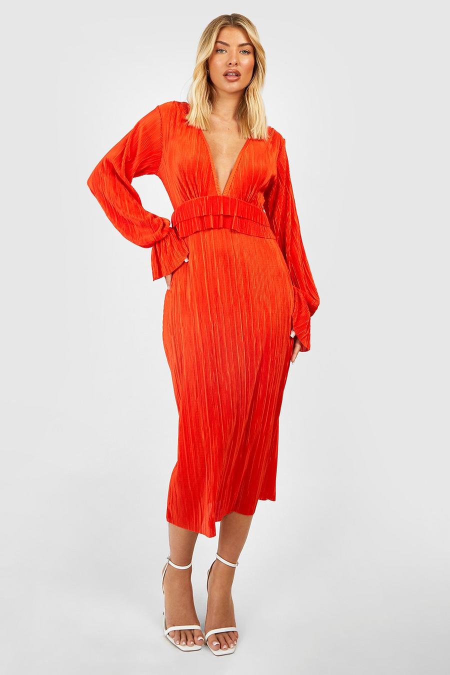 Orange Plisse Long Sleeve Ruffle Detail Midi Dress